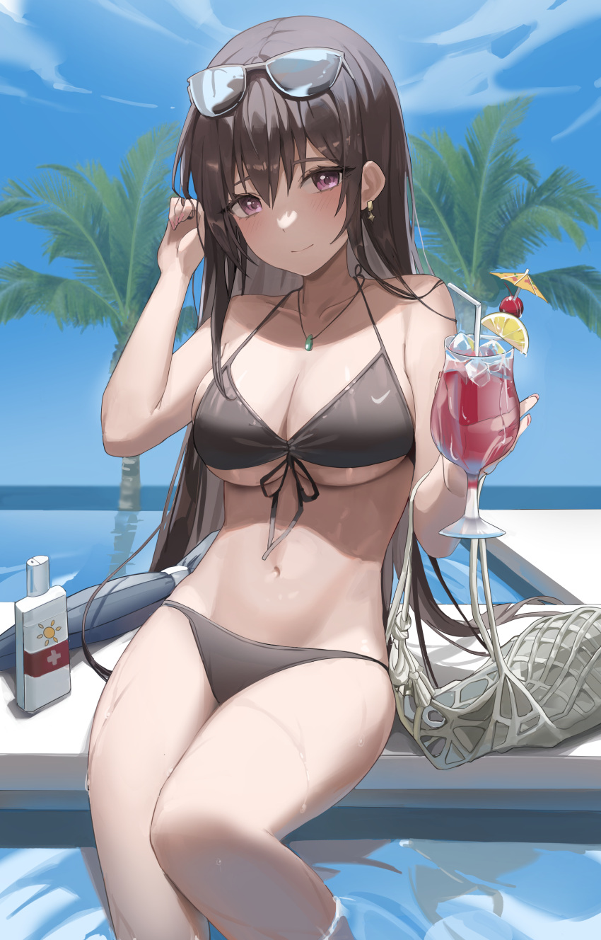 absurdres bare_shoulders bikini black_bikini blush breasts brown_hair collarbone commentary cup drinking_glass drinking_straw eyewear_on_head female front-tie_bikini_top front-tie_top halterneck hand_in_own_hair highres hurricane_glass ice ice_cube jewelry large_breasts long_hair looking_at_viewer mungduck navel necklace original outdoors pendant pool purple_eyes ribbon sitting smile solo string_bikini summer sunglasses swimsuit tropical_drink underboob water wet