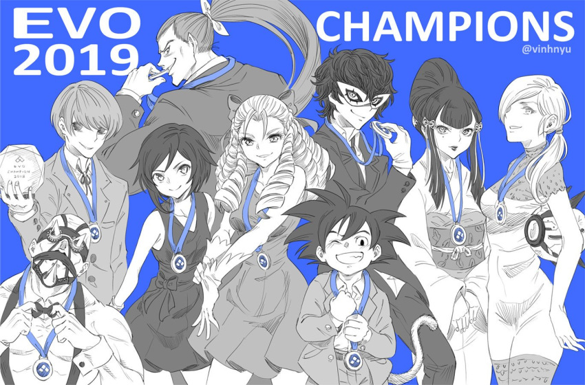 4girls 5boys amamiya_ren arslan_ash beehive_hairdo blazblue blazblue:_cross_tag_battle bonchan_(gamer) bow bowtie byakuya_(under_night_in-birth) cassie_cage clearlamp commentary cuffs dragon_ball dragon_ball_fighterz dragon_ball_gt drone english_commentary evolution_championship_series formal gloves go1 infiltration kanzuki_karin kibagami_genjuro mask medal mishima_kazumi_(tekken) mkleo monochrome mortal_kombat_(series) mortal_kombat_11 multiple_boys multiple_girls persona persona_5 ponytail ringlets ruby_rose rwby samurai_spirits shinku_(gamer) sidelocks son_goku sonicfox soulcalibur soulcalibur_vi street_fighter street_fighter_v suit super_smash_bros. suspenders tekken tekken_7 trophy twitter_username under_night_in-birth under_night_in-birth_exe:late[st] vinhnyu voldo