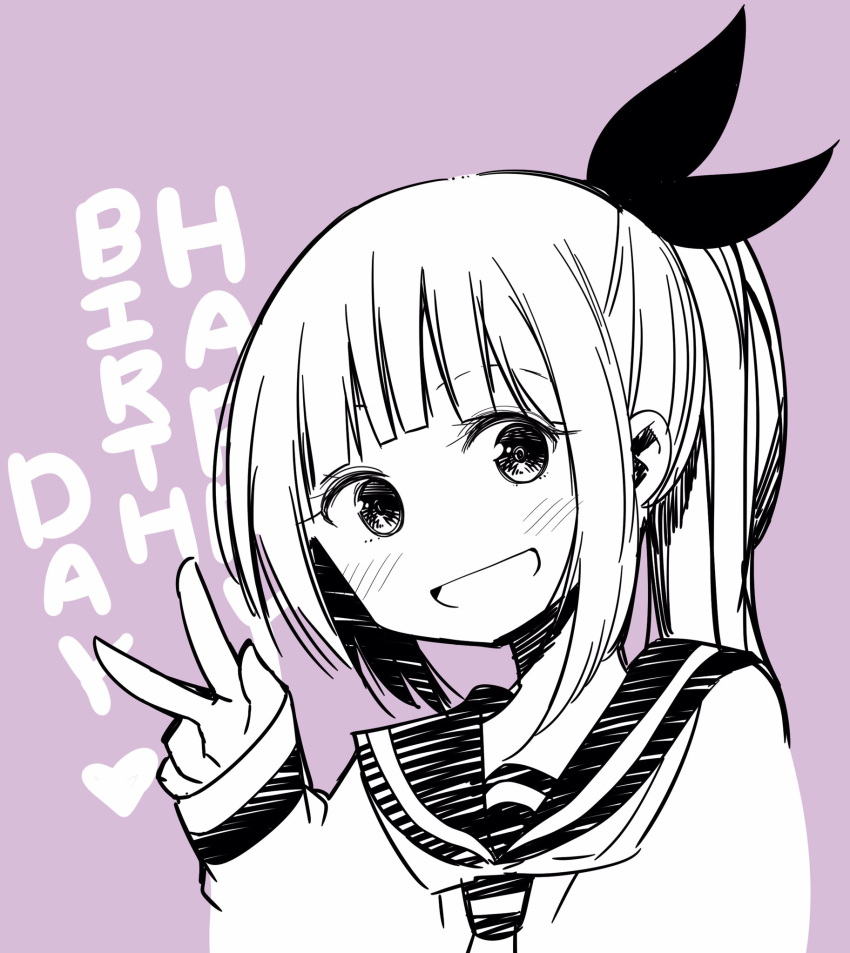 aida_rikako blunt_bangs commentary_request english_text female greyscale_with_colored_background hair_ribbon happy_birthday heart highres igarashi_masakuni long_hair long_sleeves looking_at_viewer monochrome official_art ootsuki_koto ponytail ribbon school_uniform senryuu_shoujo sidelocks smile solo upper_body voice_actor_connection w