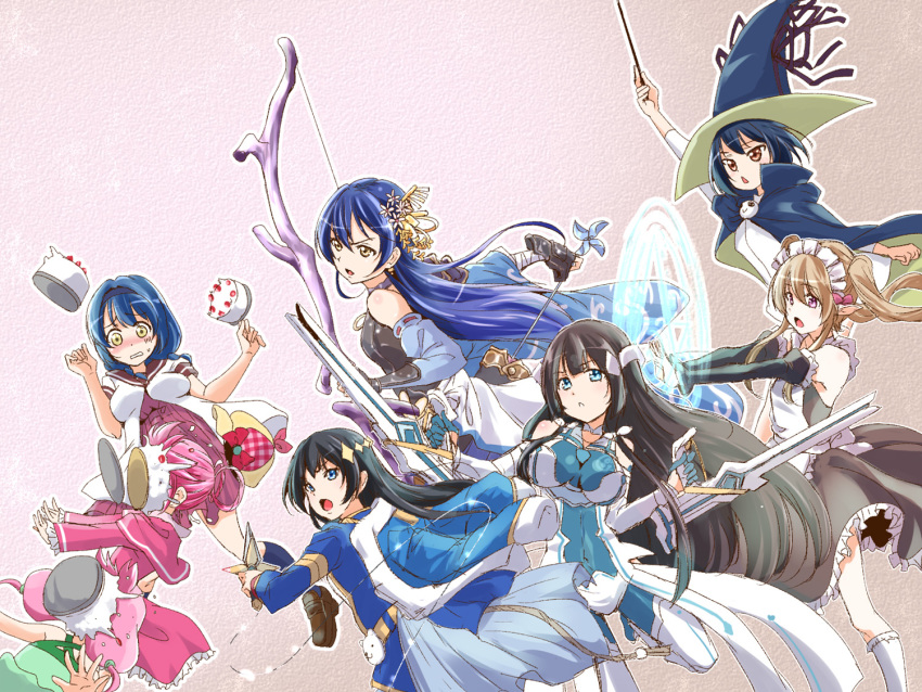 4girls black_hair blue_eyes blue_hair bow brown_eyes cake commentary_request crossover detached_sleeves elf food food_on_face furutani_himawari green_eyes hair_between_eyes hair_ornament hair_rings hairband in_the_face jacket kagura_hikari long_hair long_sleeves love_live! love_live!_school_idol_project magical_girl maid maid_headdress maji_moji_rurumo mimori_suzuko multiple_crossover multiple_girls myucel_foalan open_mouth outbreak_company photoshop_(medium) pie_in_face pink_bow pink_hair pointy_ears rurumo sherlock_shellingford shinjou_kanae_(teekyuu) shoujo_kageki_revue_starlight smile sonoda_umi tantei_opera_milky_holmes teekyuu tougou_mimori twintails urutsu_sahari very_long_hair voice_actor_connection weapon yellow_eyes yuru_yuri yuuki_yuuna_wa_yuusha_de_aru yuusha_de_aru