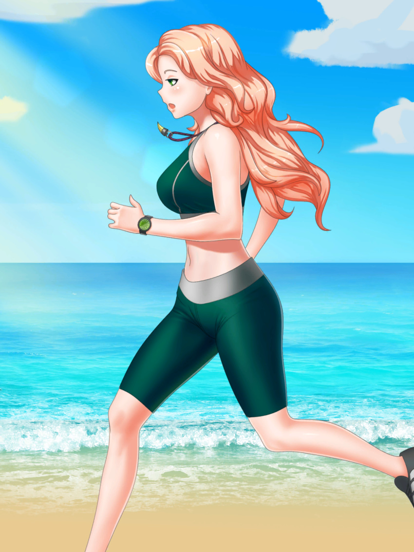 abs artist_request beach bike_shorts black_footwear blonde_hair breasts date_crush_stories day female game_cg green_eyes green_sports_bra highres jewelry kayla_(date_crush_stories) long_hair medium_breasts midriff navel necklace ocean oerba_yun_fang open_mouth outdoors pendant running shoes short_shorts shorts solo source_request sports_bra sportswear stomach tooth_necklace underwear watch waves