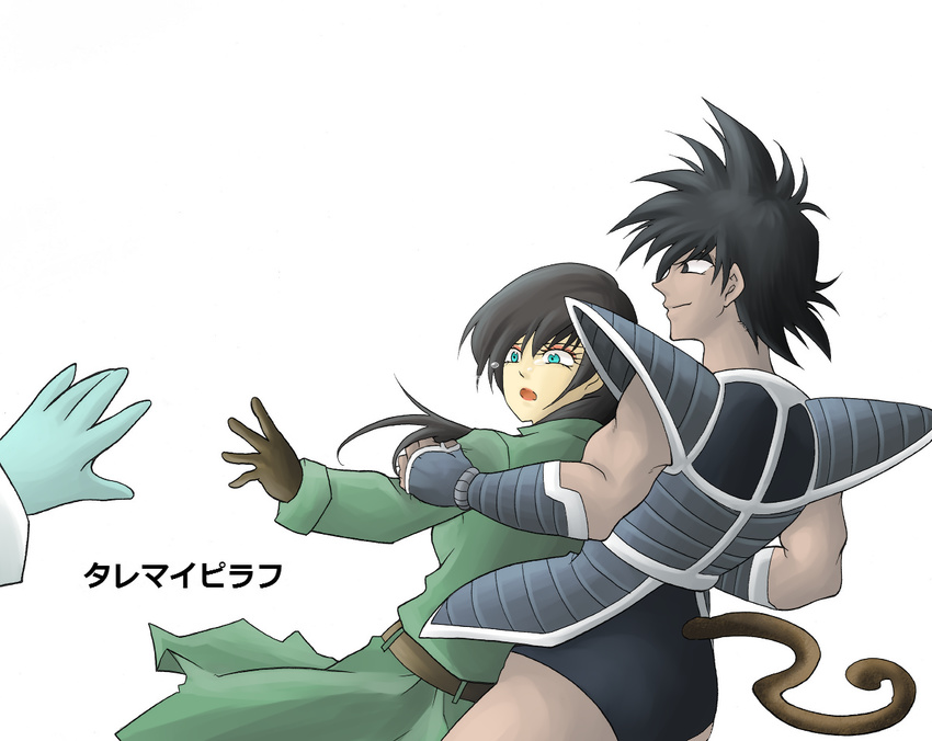 1boy armor black_hair blue_eyes coat commentary_request dragon_ball dragon_ball_z eyeshadow female mai_(dragon_ball) makeup midorimidorit monkey_tail pauldrons pilaf saiyan_armor shoulder_armor tail tears translation_request trench_coat tullece