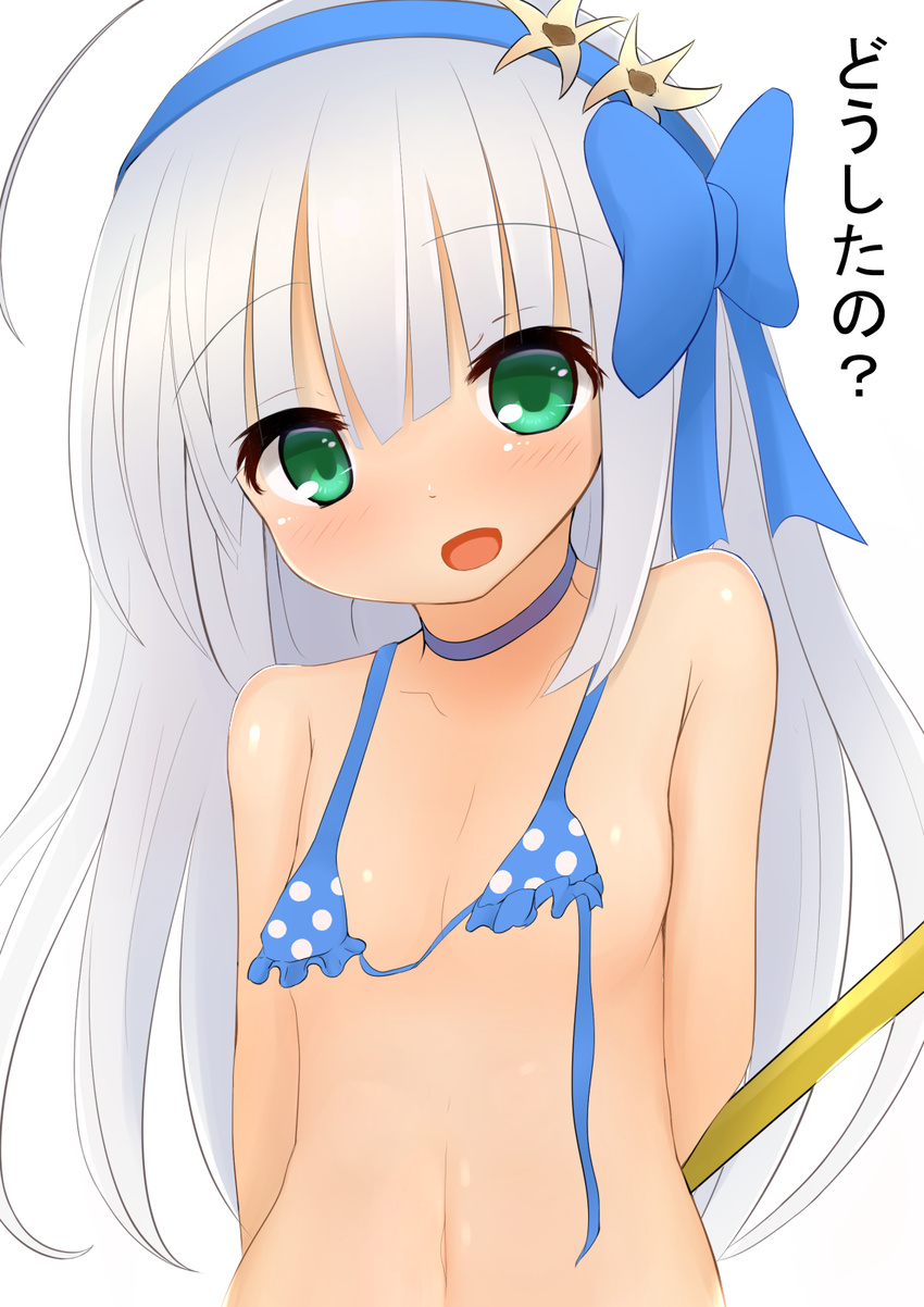 bikini bikini_top blush bow flat_chest flower_knight_girl hair_ornament hairband hairbow long_hair looking_at_viewer neko_miyabi_(artist) open_mouth polka_dot_bikini rain_lily_(flower_knight_girl) simple_background swimsuit upper_body white_background