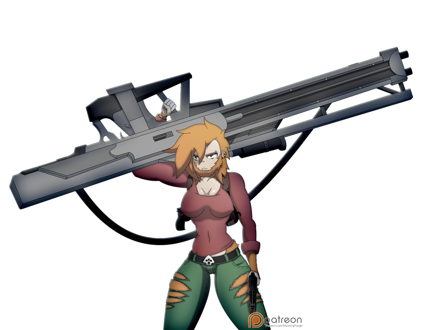 2017 alpha_channel animal_humanoid apex_(starbound) belt big_gun breasts clothed clothing digital_media_(artwork) english_text female fur gun hair handgun hi_res holding_gun holding_handgun holding_object holding_pistol holding_ranged_weapon holding_weapon holster humanoid looking_at_viewer mammal patreon patreon_logo patreon_username piercing pistol primate ranged_weapon simple_background solo standing standing_tough starbound text thick_thighs transparent_background url weapon