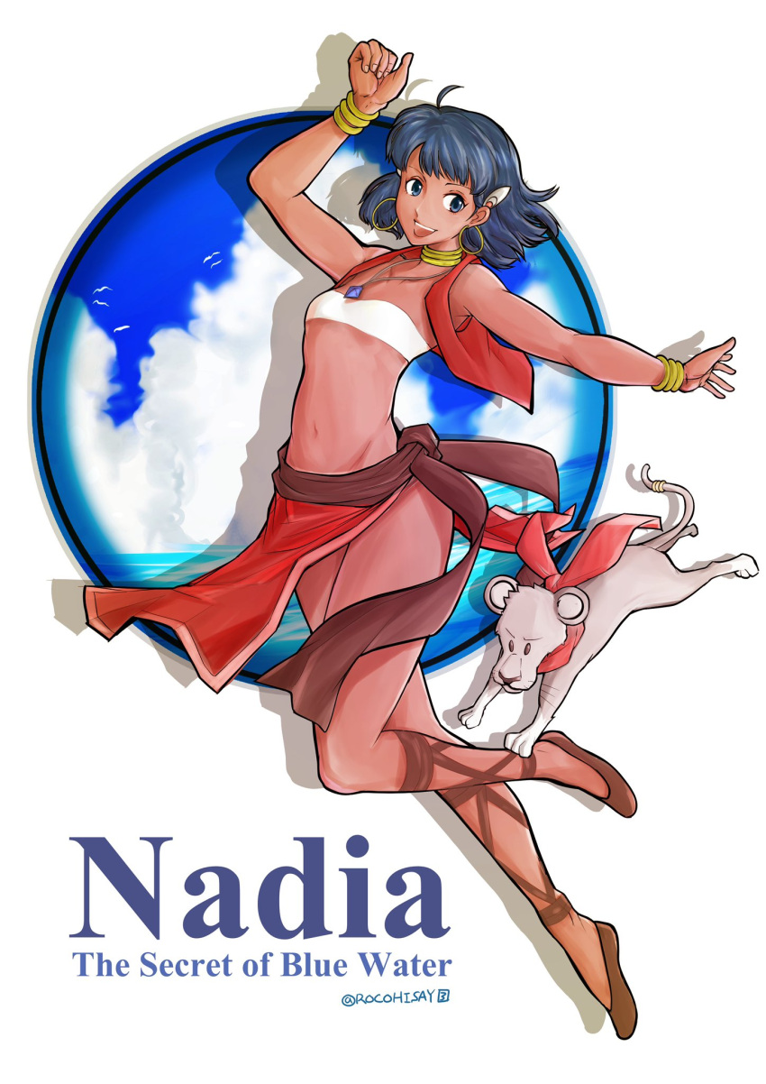 :d ahoge bandeau bird blue_hair bracelet breasts cloud commentary_request cropped_vest cross-laced_sandals dark-skinned_female dark_skin earrings female full_body fushigi_no_umi_no_nadia green_eyes hair_ornament hairclip highres jewelry king_(nadia) loincloth looking_at_viewer midriff nadia_la_arwall navel neck_ring necklace open_mouth purple_hair red_vest rocohisaya short_hair smile strapless tube_top vest