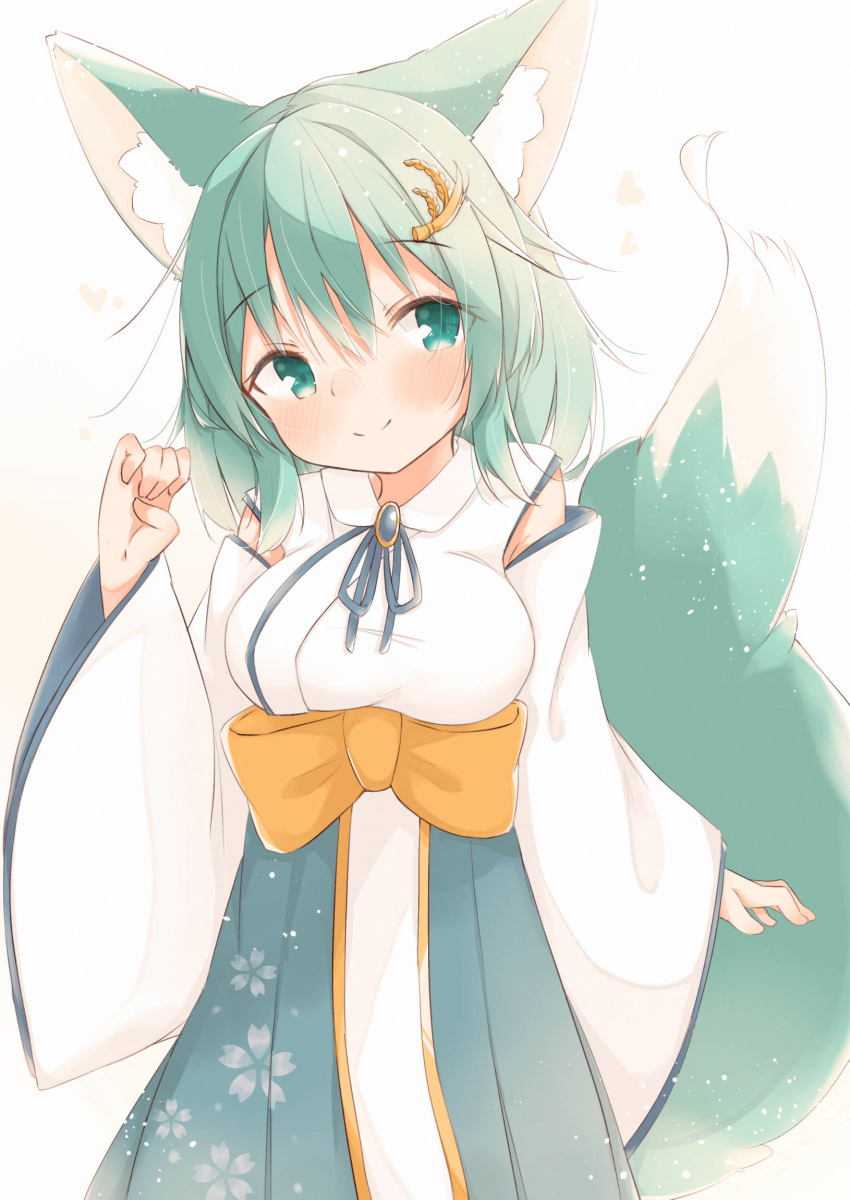 animal_ear_fluff animal_ears bad_id bad_pixiv_id blue_hakama blue_ribbon blush borrowed_character breasts brooch cherry_blossom_print closed_mouth commentary_request detached_sleeves female floral_print fox_ears fox_girl fox_tail green_eyes green_hair green_tail hair_between_eyes hair_ornament hakama hakama_skirt hand_up heart highres indie_virtual_youtuber japanese_clothes jewelry kimono large_breasts long_hair long_sleeves looking_at_viewer minato_yu_(0514) mitomori_tsubaki neck_ribbon print_hakama ribbon skirt sleeveless sleeveless_kimono smile solo tail virtual_youtuber white_background white_kimono white_sleeves wide_sleeves