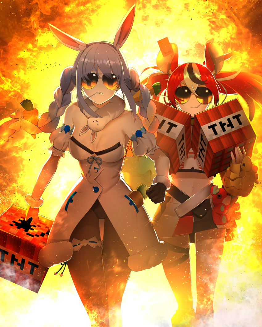 2girls absurdres animal_ear_fluff animal_ears aviator_sunglasses black_hair black_pantyhose blue_hair braid carrot_hair_ornament collar don-chan_(usada_pekora) explosion explosive food-themed_hair_ornament hair_ornament hakos_baelz highres hololive hololive_english hot_fuzz long_hair midriff minecraft mouse_ears mouse_girl multicolored_hair multiple_girls navel pantyhose rabbit_ears red_hair ro_g_(oowack) spiked_collar spikes streaked_hair sunglasses thighhighs tnt tnt_block_(minecraft) toothpick twin_braids twintails two-tone_hair usada_pekora usada_pekora_(1st_costume) virtual_youtuber white_hair