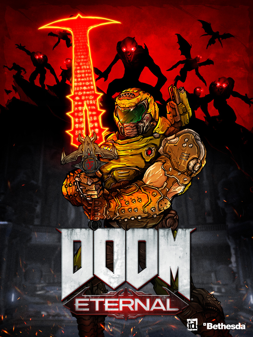 1boy absurdres armor assault_visor blood commentary copyright_name cover crucible_(doom) demon doom_(series) doom_art doom_eternal doomguy english_commentary gargoyle_(doom_eternal) gloves green_visor hell helmet highres holding holding_weapon horns id_software imp_(doom) logo looking_at_viewer male_focus mark_of_the_doom_slayer metroid metroid_dread muscular muscular_male official_art parody power_armor praetor_suit simple_background solo title video_game_cover weapon