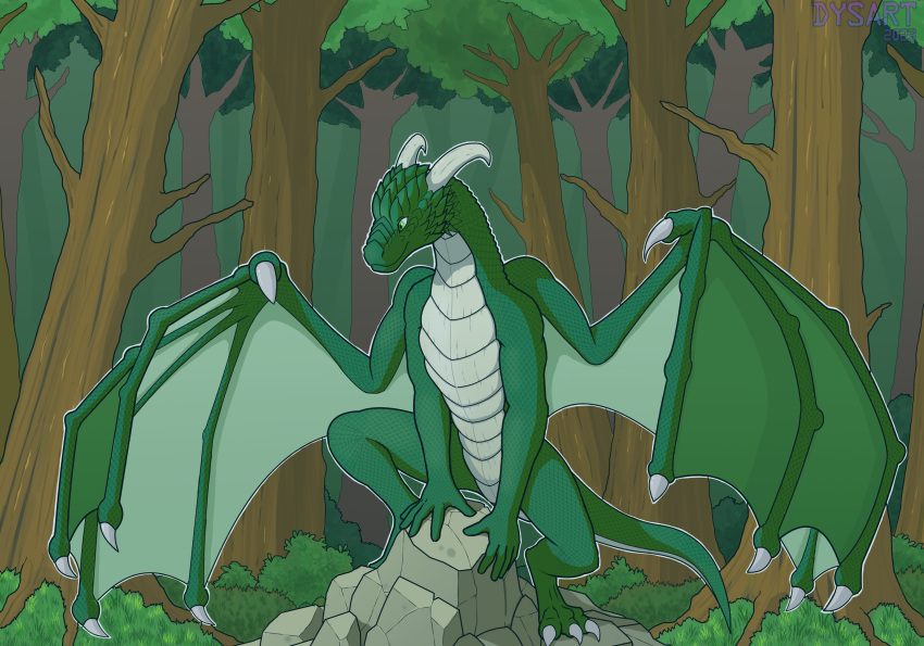 2023 5_fingers absurd_res cel_shading claws day digital_media_(artwork) dragon dysart european_mythology feral fingers forest forest_background green_body green_eyes green_scales greeny_(odisaodi) hi_res horn light looking_at_another male membrane_(anatomy) membranous_wings mythological_creature mythological_scalie mythology nature nature_background nude open_wings outside perching plant scales scalie shaded shrub smile solo spread_legs spread_wings spreading sunlight tail toe_claws tree western_dragon wings