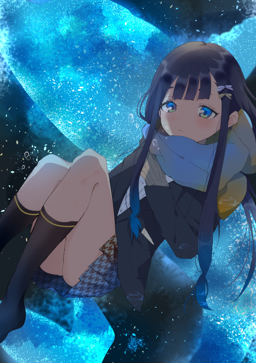 absurdres bad_id bad_pixiv_id black_hair black_jacket black_socks blazer blue_eyes blue_hair blue_scarf blush bow brown_bow brown_scarf brown_skirt closed_mouth commentary_request dress_shirt eyebrows_hidden_by_hair feet_out_of_frame female gradient_hair gradient_scarf hairbow highres houndstooth jacket kayanogura kneehighs knees_up long_hair long_sleeves looking_at_viewer multicolored_hair no_shoes original pleated_skirt scarf school_uniform shirt sidelocks skirt socks solo very_long_hair white_bow white_shirt