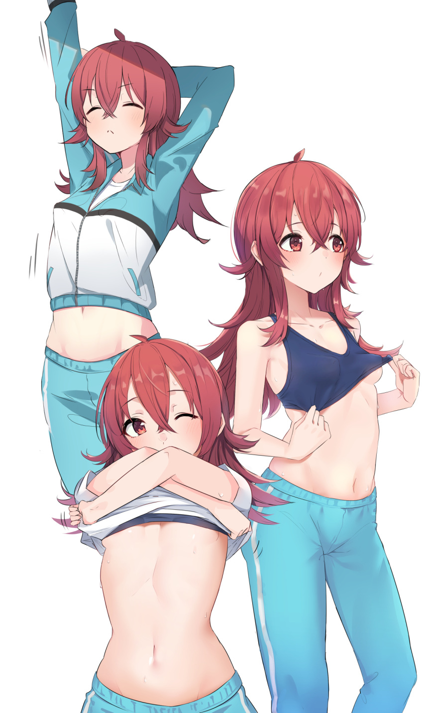 :< ahoge arm_up belly blue_jacket blue_pants blush breasts closed_eyes closed_mouth clothes_lift collarbone commentary expressionless female hair_between_eyes highres hip_bones idolmaster idolmaster_shiny_colors jacket komiya_kaho long_hair maza_kisuke multiple_views navel one_eye_closed pants perky_breasts red_eyes red_hair ribs shirt shirt_lift sidelocks small_breasts stretching sweat tank_top track_jacket track_pants track_suit underboob undressing v-shaped_eyebrows white_background white_shirt