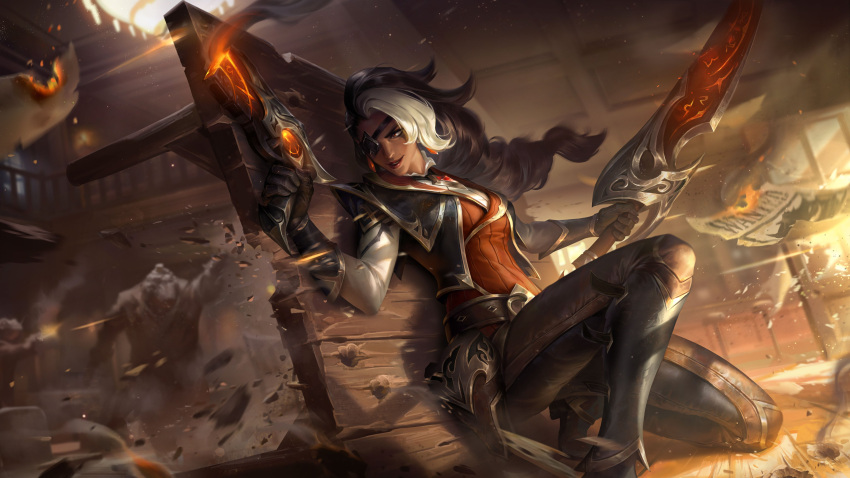 2others absurdres belt black_hair black_pants brown_belt brown_gloves embers eyepatch female firing gloves gun high_noon_samira highres holding holding_gun holding_sword holding_weapon indoors jacket knee_up league_of_legends long_hair long_sleeves multiple_others official_alternate_costume official_art pants parted_lips samira second-party_source smile solo_focus sword table teeth weapon white_jacket wooden_floor