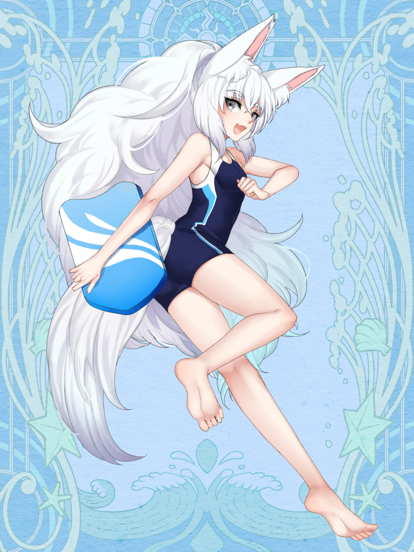 :d animal_ear_fluff animal_ears barefoot blue_background breasts chitose_sakura_(dairoku_youhei) competition_swimsuit dairoku_ryouhei feet female full_body grey_eyes highres holding_kickboard kickboard legs long_hair looking_at_viewer one-piece_swimsuit small_breasts smile soles solo swimsuit tail toes very_long_hair yodukir