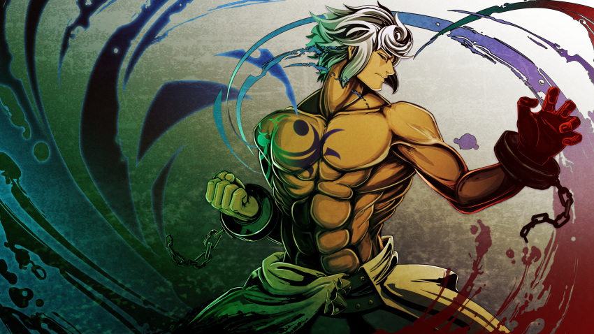 1boy arm_tattoo bare_pectorals closed_eyes cuffs dark-skinned_male dark_skin enkidu_(under_night_in-birth) highres kagekawara male_focus multicolored_hair muscular muscular_male pectorals shackles short_hair solo tattoo under_night_in-birth under_night_in-birth_exe:late[st] white_hair