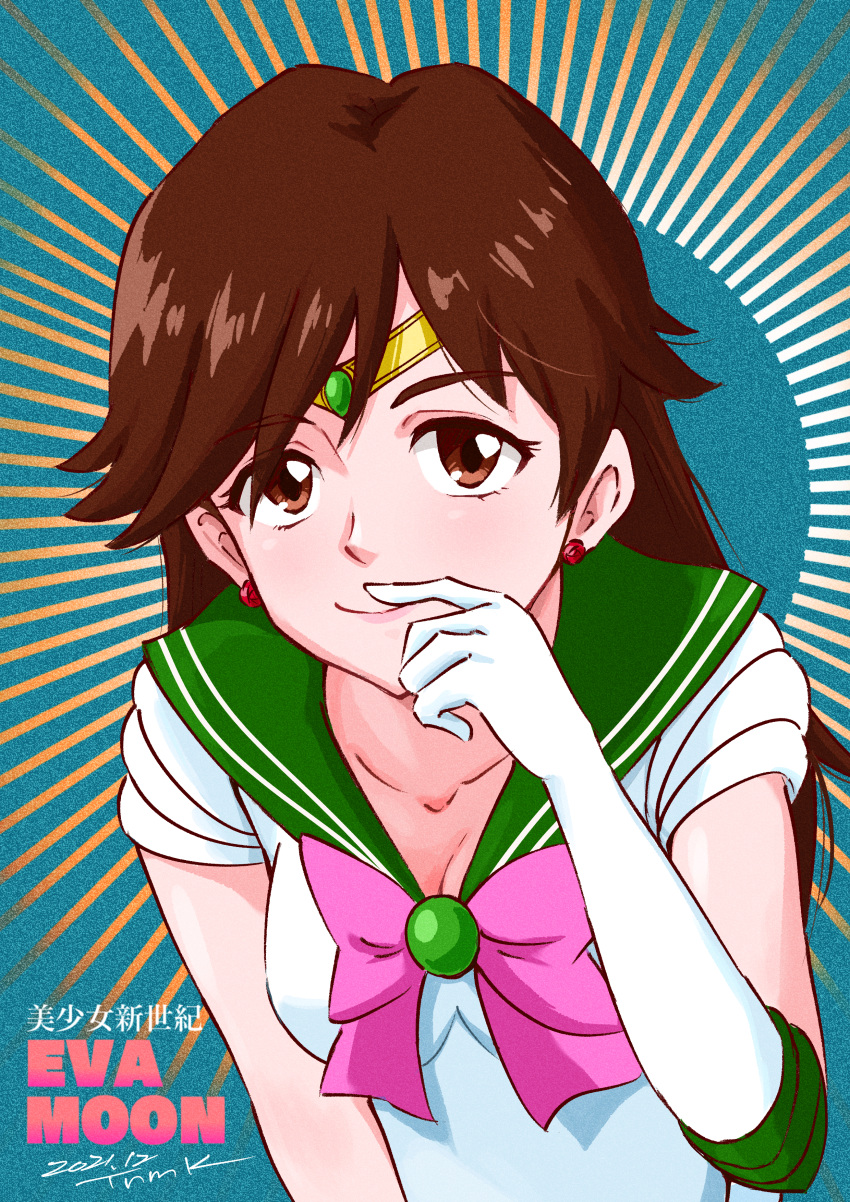 absurdres bishoujo_senshi_sailor_moon brown_eyes brown_hair cosplay earrings elbow_gloves female gloves green_sailor_collar highres jewelry long_hair looking_at_viewer magical_girl neon_genesis_evangelion rebuild_of_evangelion sailor_collar sailor_jupiter sailor_jupiter_(cosplay) sailor_senshi_uniform sunburst sunburst_background suzuhara_sakura tiara tsunemoku upper_body