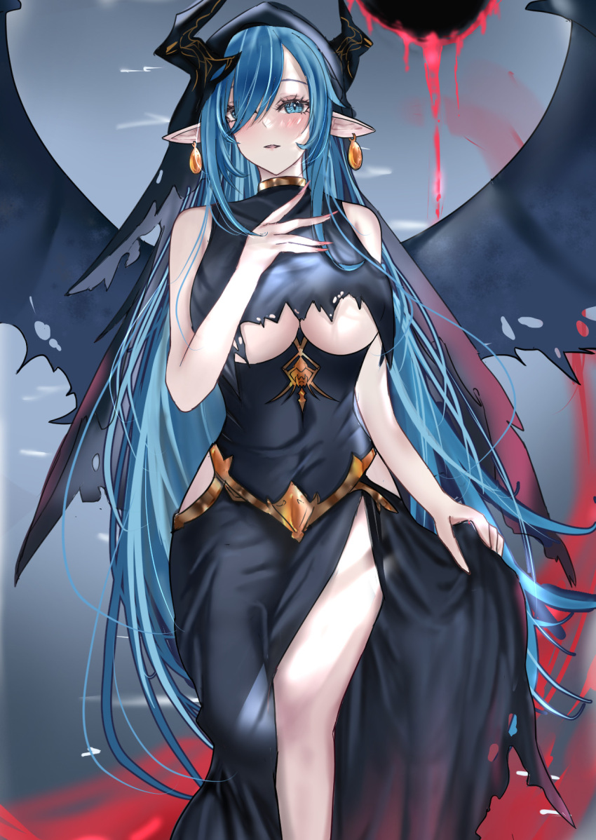 azur_lane black_cloak black_dress black_hole black_horns black_wings blood blue_eyes blue_hair blush breasts cloak dismaer dress dress_around_one_leg drop_earrings earrings female fingernails gold_earrings gold_trim hair_over_one_eye hand_on_breasts highres holding holding_clothes horns jewelry large_breasts long_hair mary_celeste_(azur_lane) mary_celeste_(grim_night's_reaper)_(azur_lane) official_alternate_costume pink_nails pointy_ears torn_clothes underboob very_long_hair wings