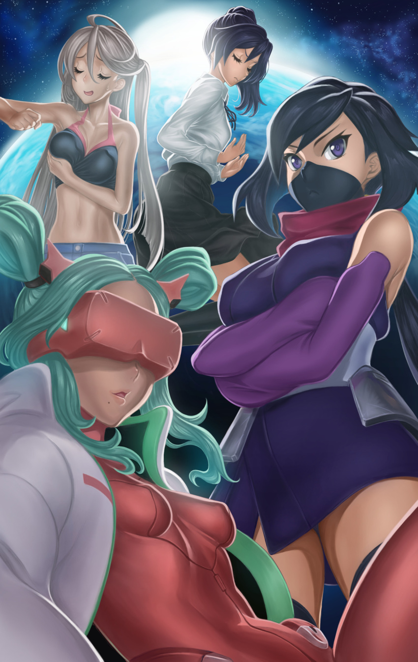 4girls absurdres ayame_(gundam_build_divers) black_hair breast_hold breasts commentary dark-skinned_female dark_skin dual_persona earth_(planet) fujisawa_aya_(gundam_build_divers) green_hair gundam gundam_build_divers gundam_build_metaverse highres jacket japanese_clothes kimono kyodairobo large_breasts long_hair mask mask_lady_(gundam_build_metaverse) mole mole_under_mouth mouth_mask multiple_girls ninja ninja_mask planet short_kimono side_ponytail small_breasts space split_ponytail urutsuki_seria