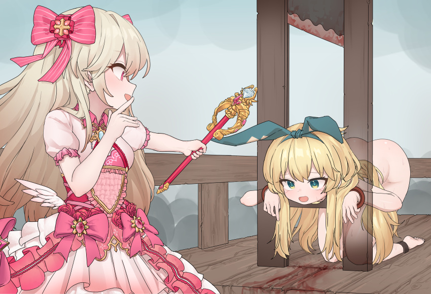 2girls absurdres alice_(grimms_notes) alice_(shinsei)_(grimms_notes) ass blonde_hair blood chaos_marie_(grimms_notes) cleavage_cutout clothing_cutout commission crowd decapitation dress dried_blood execution frills gradient_hair grimms_notes guillotine hair_ribbon highres jewelry ju_ge long_hair multicolored_hair multiple_girls necklace nude open_mouth outstretched_arm pixiv_commission puffy_sleeves restrained ribbon tears wand weapon wings