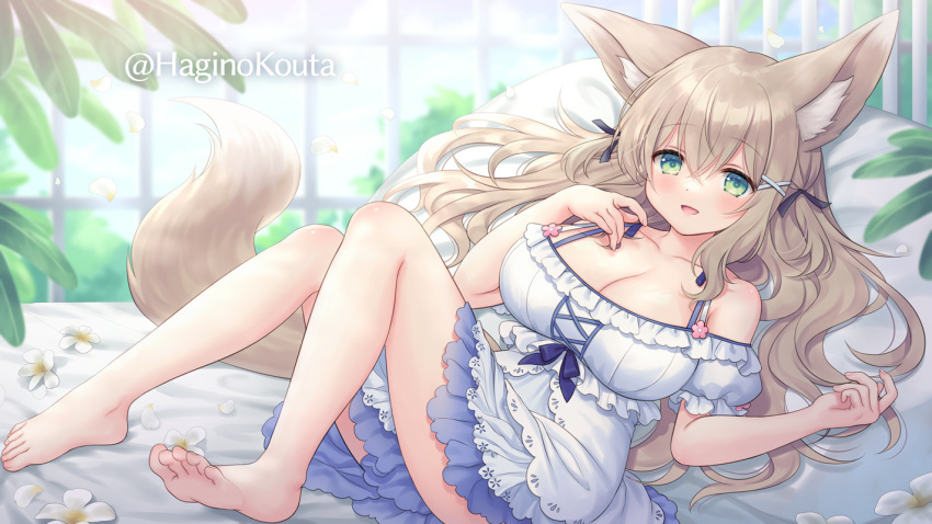 :d animal_ear_fluff animal_ears aruma_(goma) bare_legs bare_shoulders barefoot black_ribbon blue_dress blush borrowed_character breasts cleavage collarbone commentary_request commission crossed_bangs day double-parted_bangs dress falling_petals feet female flower fox_ears fox_girl fox_tail frilled_dress frills from_side full_body green_eyes hagino_kouta hair_between_eyes hair_ornament hair_ribbon hair_spread_out hand_up happy head_on_pillow indoors knees_up large_breasts legs light_brown_hair long_hair looking_at_viewer lying on_back on_bed open_mouth original petals petticoat pillow puffy_short_sleeves puffy_sleeves ribbon short_dress short_sleeves sidelocks skeb_commission smile solo tail toes twitter_username very_long_hair wavy_hair white_flower window x_hair_ornament