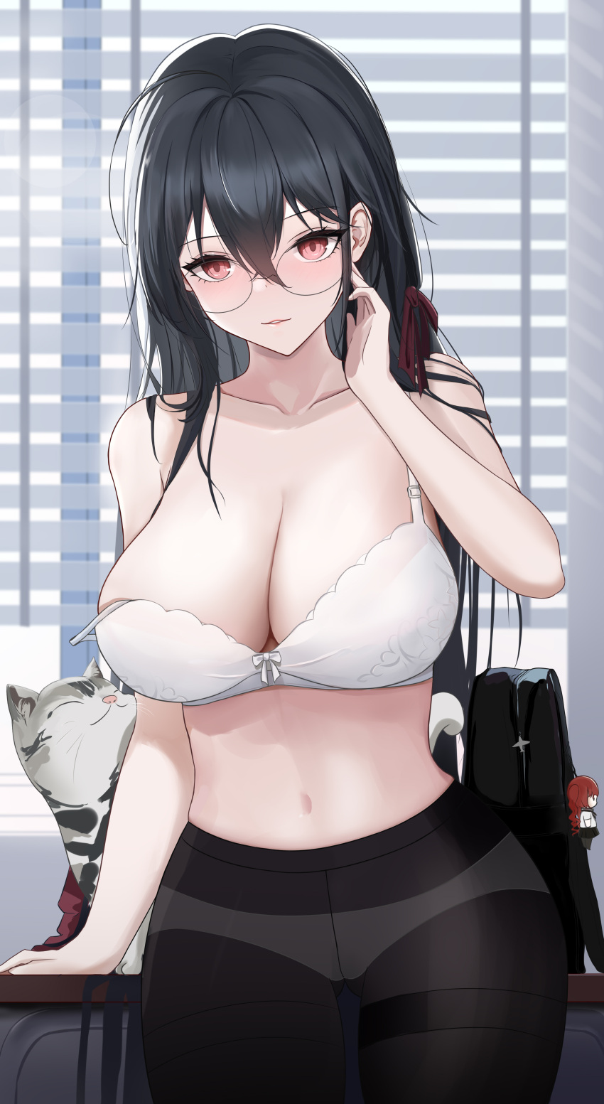 absurdres ahoge azur_lane black_bow black_hair bow bowtie bra breasts character_doll crossed_bangs feline female highres honolulu_(azur_lane) honolulu_(umbrella_girl)_(azur_lane) huge_ahoge large_breasts looking_at_viewer loose_bowtie navel official_alternate_costume pantyhose red_eyes round_eyewear solo stomach taihou_(azur_lane) taihou_(sweet_time_after_school)_(azur_lane) underwear white_bra wo_meiyou_mao