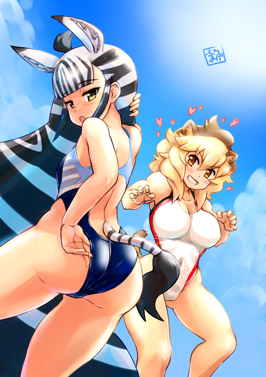 2girls absurdres adjusting_clothes adjusting_swimsuit alternate_costume animal_ears bare_legs bare_shoulders black_hair blue_one-piece_swimsuit blunt_bangs blush brown_hair competition_swimsuit extra_ears heart highres kemono_friends lion_(kemono_friends) lion_ears lion_girl lion_tail long_hair multicolored_clothes multicolored_hair multicolored_swimsuit multiple_girls navel one-piece_swimsuit orange_eyes pariparifromage plains_zebra_(kemono_friends) short_hair sidelocks smile swimsuit tail two-tone_hair white_hair white_one-piece_swimsuit yellow_eyes zebra_ears zebra_girl zebra_tail