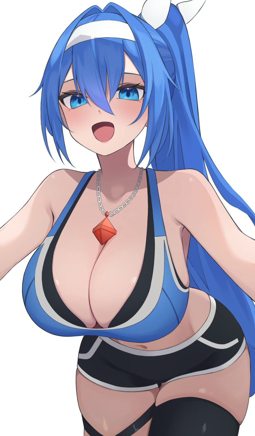 :d absurdres alyssa_(specktech) asymmetrical_legwear black_shorts black_thighhighs blue_eyes blue_hair blue_sports_bra blush breasts cleavage collarbone commentary commission english_commentary female hair_between_eyes hairband highres jewelry large_breasts long_hair looking_at_viewer navel necklace open_mouth original ponytail second-party_source short_shorts shorts skeb_commission smile soar_sora222 solo sports_bra thigh_strap thighhighs thighs white_hairband