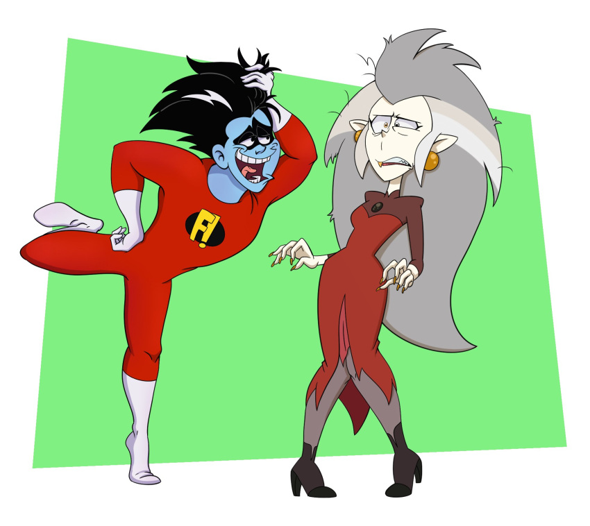 bodysuit boots clothing crossover disgust disney duo eda_clawthorne eye_contact female footwear freakazoid freakazoid! gloves hair handwear hi_res high_heeled_boots high_heels human humanoid humanoid_pointy_ears long_hair looking_at_another male mammal not_furry open_mouth pale_skin scottforester17 simple_background skinsuit teeth the_owl_house tight_clothing witch_(the_owl_house)