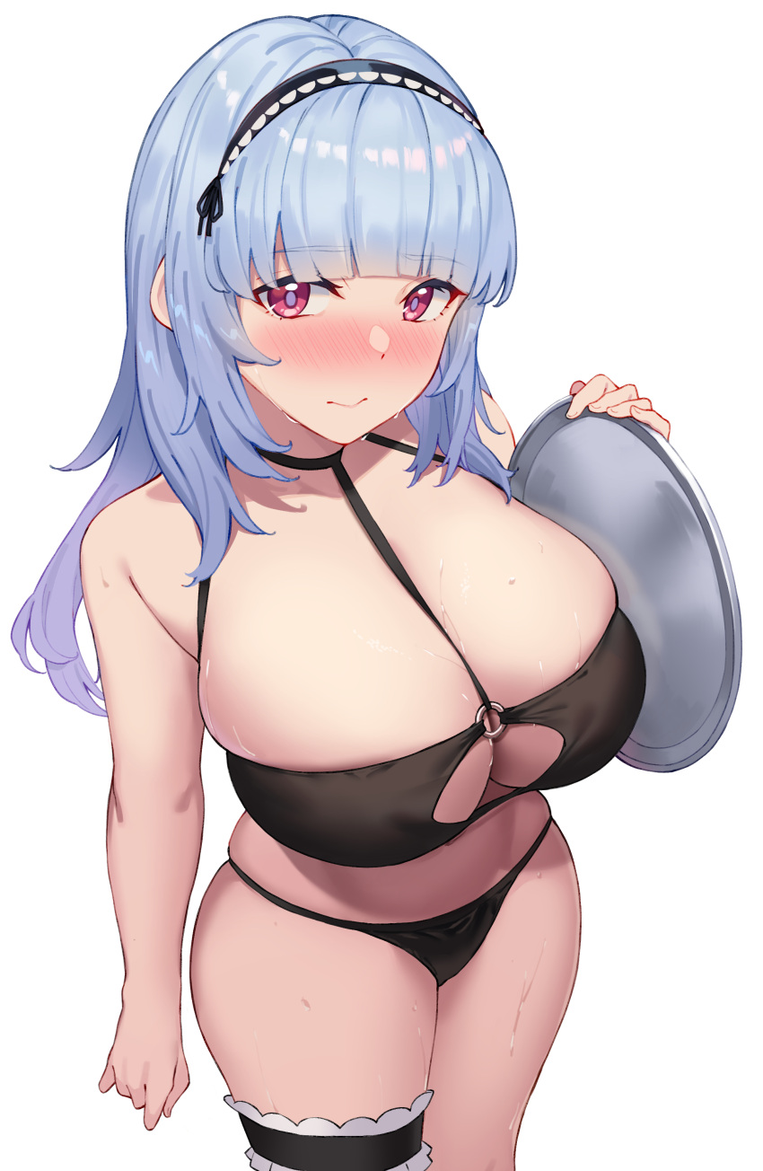 absurdres azur_lane bikini black_bikini blue_hair blush breasts cleavage cosplay cowboy_shot dido_(azur_lane) female highres holding holding_tray huge_breasts kimi_tsuru large_breasts long_hair o-ring o-ring_bikini o-ring_top purple_eyes simple_background sirius_(azur_lane) sirius_(azur_lane)_(cosplay) sirius_(scorching-hot_seirios)_(azur_lane) solo swimsuit thigh_strap tray wet white_background