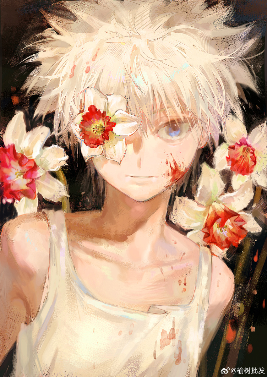 1boy absurdres bishounen blood blood_on_face blue_eyes closed_mouth daffodil floral_background flower flower_over_eye highres hunter_x_hunter killua_zoldyck looking_at_viewer male_focus multicolored_flower painterly parted_lips red_flower short_hair skinny solo spiked_hair tank_top upper_body white_flower white_hair white_tank_top yu_333o