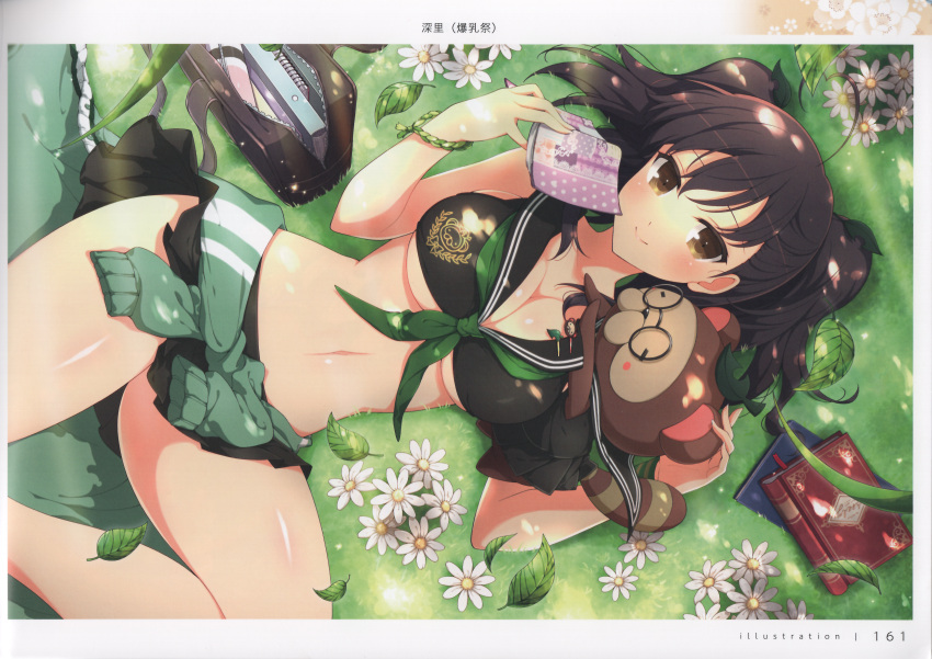 absurdres ahoge animal bad_link bag black_sailor_collar black_skirt blush book breasts brown_eyes brown_hair cleavage closed_mouth clothes_around_waist female flower glasses grass green_sweater hair_ornament heart heart_ahoge highres holding holding_book large_breasts leaf leaf_hair_ornament lips long_hair looking_at_viewer lying midriff misato_(senran_kagura) navel official_art on_back page_number petals pontarou_(senran_kagura) raccoon sailor_collar scan school_bag school_uniform senran_kagura senran_kagura_new_link shiny_skin short_twintails skirt smile solo standing stomach striped sweater sweater_around_waist tanuki thighs twintails wristband yaegashi_nan