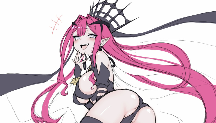 ass baobhan_sith_(fate) baobhan_sith_(second_ascension)_(fate) bare_shoulders black_panties blush bracelet breasts covered_nipples detached_sleeves earrings fangs fate/grand_order fate_(series) female fingernails grey_eyes half-closed_eyes hand_up hoop_earrings jewelry large_breasts laughing long_hair looking_at_viewer looking_back lying on_side open_mouth panties partially_visible_vulva pink_hair pointy_ears revealing_clothes senbei_(avocadochaya) sharp_fingernails sideboob sidelocks smug solo spiked_bracelet spikes tiara tongue underwear vampire very_long_hair white_background