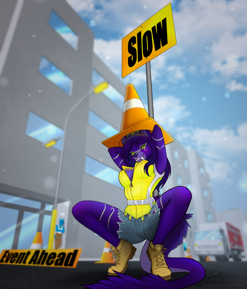 anthro background_character boots bottomwear canid canine canis clothing crazy_sue extinct felid female footwear fur hi_res high-vis iris_grim lime_eyes lycafel mammal prehistoric_species purple_body purple_fur saber-toothed_tiger shorts sign solo torn_bottomwear torn_clothing torn_shorts traffic_cone traffic_sign truck_(vehicle) vehicle wolf