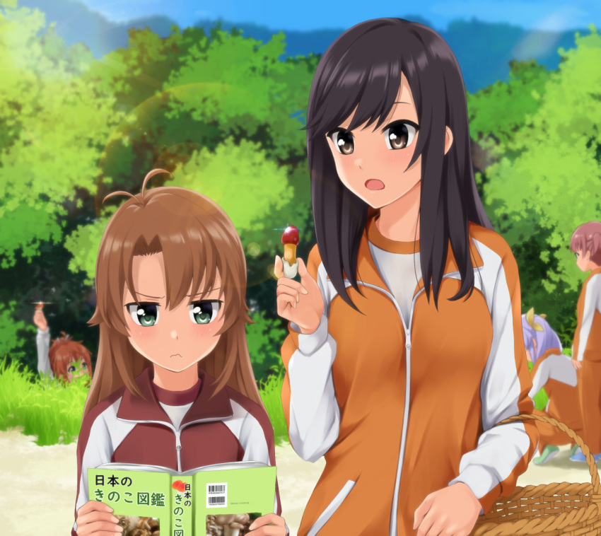 5girls basket black_hair book brown_eyes brown_hair closed_mouth highres holding holding_basket holding_book ichijou_hotaru jacket koshigaya_komari koshigaya_natsumi long_hair miyauchi_renge multiple_girls non_non_biyori nonaka_ritsu open_mouth orange_jacket outdoors pants purple_hair reading red_jacket red_track_suit shiori_(non_non_biyori) shirt siblings sisters standing swept_bangs track_jacket track_pants track_suit white_shirt