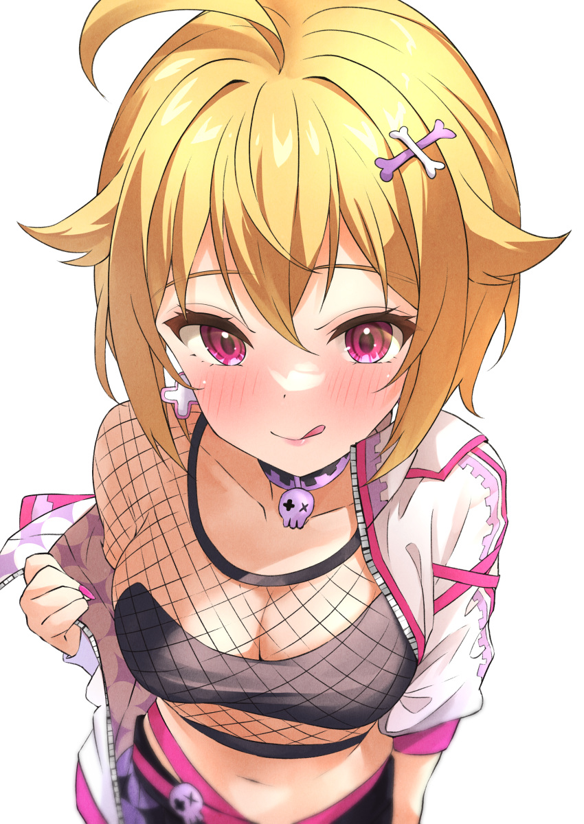 absurdres adhesive_bra ahoge b1ack_illust blonde_hair blush breasts choker cleavage collarbone crop_top cropped_jacket earrings female fishnets foreshortening from_above hair_between_eyes highres ibuki_tsubasa idolmaster idolmaster_million_live! idolmaster_million_live!_theater_days jewelry large_breasts licking_lips looking_at_viewer midriff navel pink_eyes short_hair simple_background single_bare_shoulder smile solo tongue tongue_out white_background