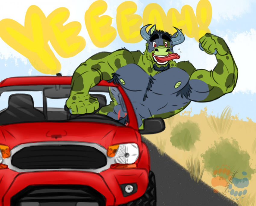 abs anthro armpit_hair biceps body_hair bovid bovine cattle driving fur green_body green_fur hanging_out male mammal muscular muscular_male nipples nude pecs reed_bull road solo truck_(vehicle) vehicle yamatopawa