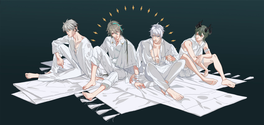 3boys absurdres barefoot black_background blanket chinese_commentary commentary_request demon_horns full_body graveyard233 grey_hair highres honkai_(series) honkai_impact_3rd horns kalpas_(honkai_impact) kevin_kaslana kosma long_hair multiple_boys on_floor orange_eyes pants robe shirt short_hair simple_background sleeveless sleeveless_shirt smile su_(honkai_impact) very_long_hair white_hair white_pants white_robe white_shirt