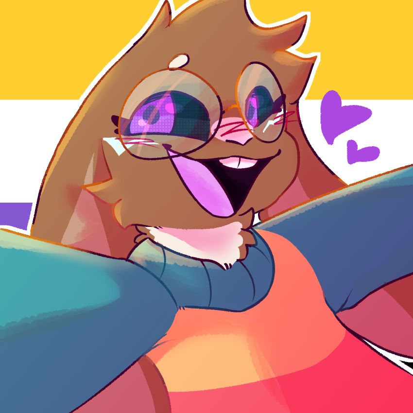 1:1 ambiguous_gender anthro buckteeth clothed clothing dragu eyewear floppy_ears glasses happy heart_symbol hi_res lagomorph leporid lgbt_pride machine mammal multicolored_clothing multicolored_sweater multicolored_topwear nonbinary_(lore) nonbinary_pride_colors open_mouth pansexual_pride_colors pride_color_background pride_color_clothing pride_color_sweater pride_color_topwear pride_colors rabbit ren_(rentherobot) robot simple_background solo sweater teeth topwear