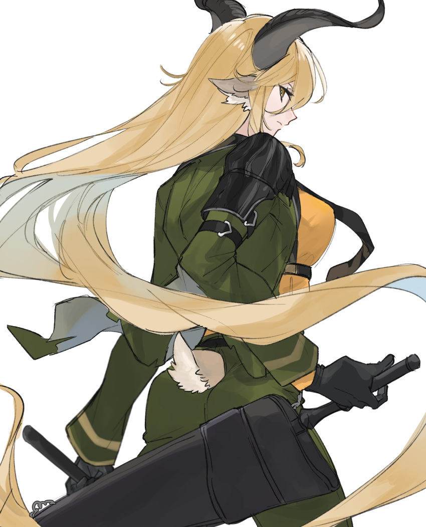 absurdres animal_ears arknights blonde_hair breasts brown_eyes commentary degenbrecher_(arknights) female goat_ears goat_girl goat_horns goat_tail green_jacket highres horns jacket large_breasts long_hair looking_at_viewer looking_back orange_shirt shirt sidelocks simple_background solo sword very_long_hair weapon white_background yakota_(usuk-yako)