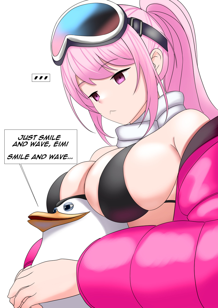 ... :< absurdres bare_shoulders bikini bird black_bikini blue_archive breast_rest breasts breasts_on_head caiman_pool closed_mouth commentary crossover eimi_(blue_archive) eimi_(swimsuit)_(blue_archive) english_commentary english_text female goggles goggles_on_head highres jacket large_breasts long_hair long_sleeves looking_down madagascar_(series) off_shoulder official_alternate_costume open_clothes open_jacket padded_jacket penguin pink_eyes pink_hair pink_jacket ponytail scarf simple_background ski_goggles skipper_(madagascar) speech_bubble swimsuit white_background white_scarf