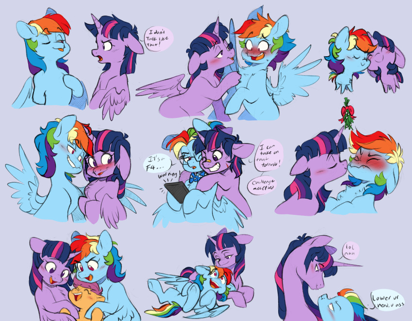 absurd_res alicorn attempted_kiss blush dialogue doodlemark english_text equid equine female feral friendship_is_magic hair hasbro hi_res horn mammal mistletoe multicolored_hair my_little_pony mythological_creature mythological_equine mythology plant purple_hair rainbow_dash_(mlp) rainbow_hair scootaloo_(mlp) size_difference text twilight_sparkle_(mlp) wings