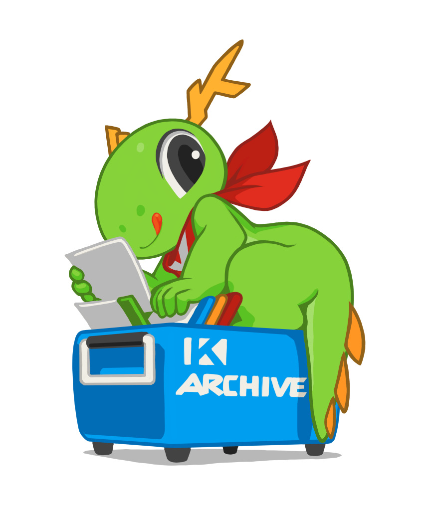 2_horns 5_fingers absurd_res alpha_channel anthro archive book box cc-by-sa chibi colored container creative_commons dragon english_text fingers green_body green_scales grey_eyes hi_res holding_object holding_paper horn kde kerchief kerchief_only konqi looking_at_viewer male mostly_nude mythological_creature mythological_scalie mythology neckerchief neckerchief_only official_art paper red_kerchief red_neckerchief reptile scales scalie simple_background solo tail text three-quarter_view tongue tongue_out transparent_background tysontan