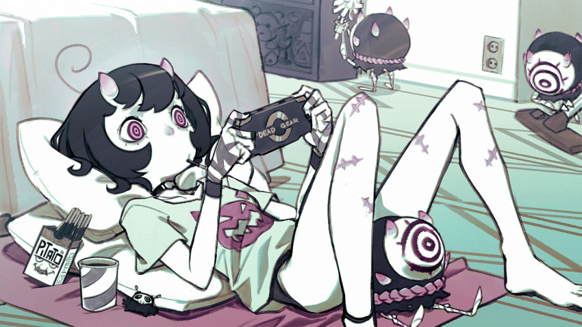 bare_legs black_hair black_panties bob_cut choker colored_skin cup deadslug electrical_outlet feet female food handheld_game_console highres horns indoors lying mona_(deadslug) mouth_hold on_floor original panties pillow pink_eyes playing_games pocky ringed_eyes rug scar scar_on_leg short_sleeves underwear white_skin