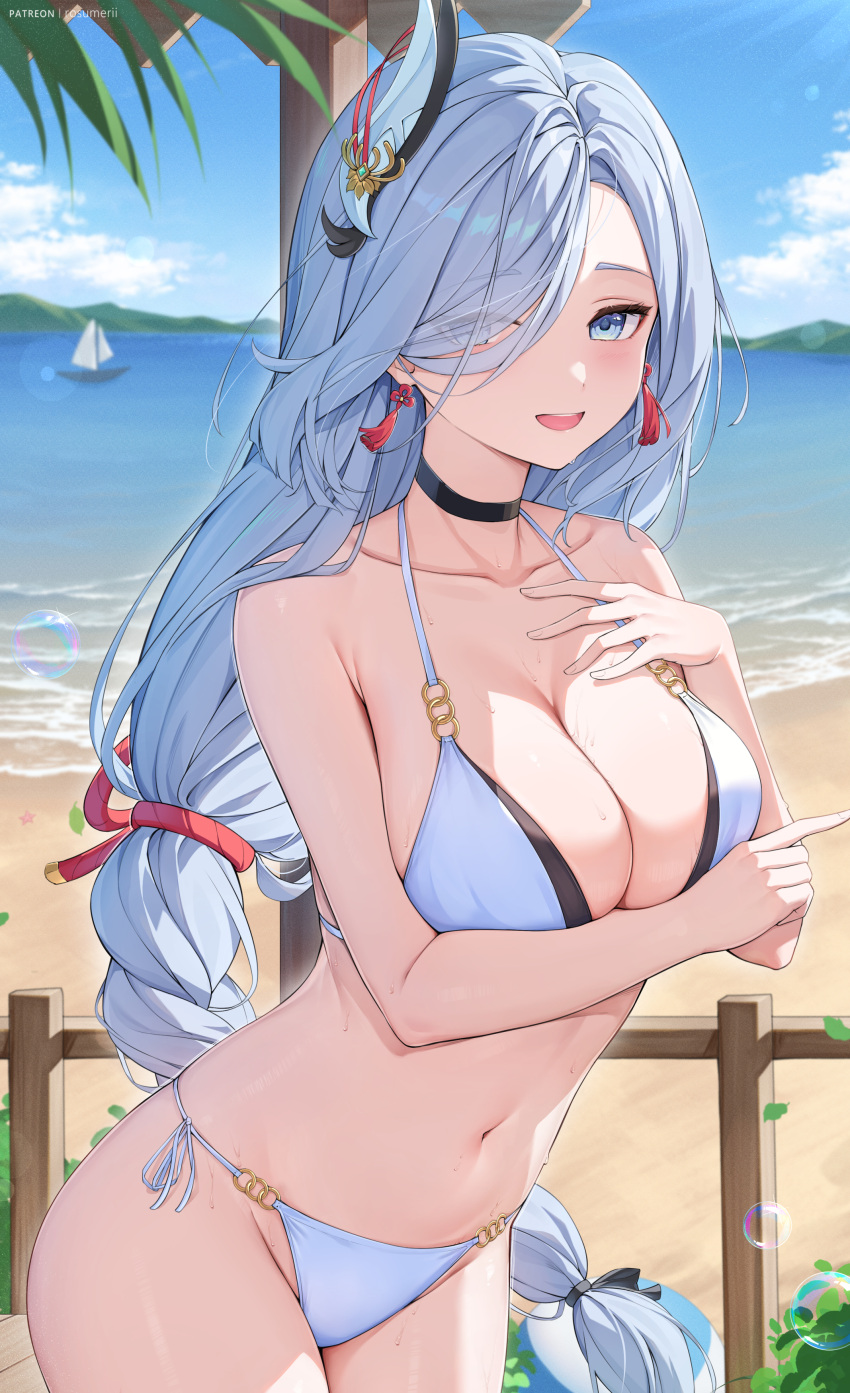 absurdres beach bikini blue_eyes blush braid breasts cleavage collarbone day female genshin_impact hair_ornament hair_over_one_eye halterneck highres large_breasts long_braid long_hair looking_at_viewer navel ocean outdoors rosumerii shenhe_(genshin_impact) side-tie_bikini_bottom smile solo stomach string_bikini swimsuit tassel teeth upper_teeth_only white_bikini