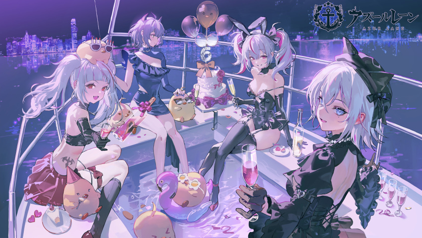 >_< 4girls ahoge alternate_costume animal_ears azur_lane balloon bare_shoulders bird black_gloves black_headwear black_leotard black_thighhighs blue_dress blunt_bangs boat breasts cake cake_slice champagne_flute chick cleavage crossed_bangs crossed_legs cup dress drinking_glass elbow_gloves fake_animal_ears food gloves highres horns houston_(azur_lane) houston_ii_(azur_lane) jade_(azur_lane) leotard logo looking_at_viewer manjuu_(azur_lane) medium_breasts medium_hair mole mole_under_eye multicolored_hair multiple_girls night night_sky official_art okku open_mouth otto_von_alvensleben_(azur_lane) outdoors playboy_bunny pleated_skirt rabbit_ears red_eyes red_hair red_skirt short_hair sitting skirt sky skyline smile streaked_hair thighhighs twintails u-556_(azur_lane) u-556_(meta)_(azur_lane) water watercraft white_hair