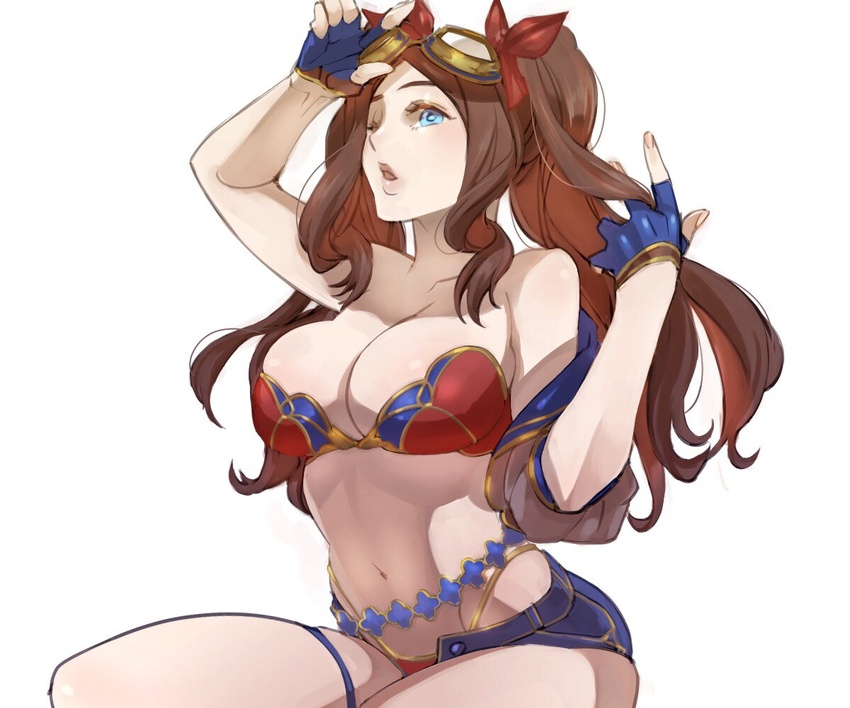 aqua_eyes bare_shoulders bikini blue_bikini blue_gloves blue_shorts breasts brown_hair cleavage cosplay cowboy_shot fate/grand_order fate_(series) female fingerless_gloves gloves goggles goggles_on_head gold_trim hair_ribbon hand_in_own_hair large_breasts leonardo_da_vinci_(fate) leonardo_da_vinci_(rider)_(fate) leonardo_da_vinci_(swimsuit_ruler)_(fate) leonardo_da_vinci_(swimsuit_ruler)_(fate)_(cosplay) long_hair looking_at_viewer navel one_eye_closed parted_bangs parted_lips red_bikini red_ribbon ribbon ryouto shorts sidelocks solo stomach swimsuit twintails two-tone_bikini white_background