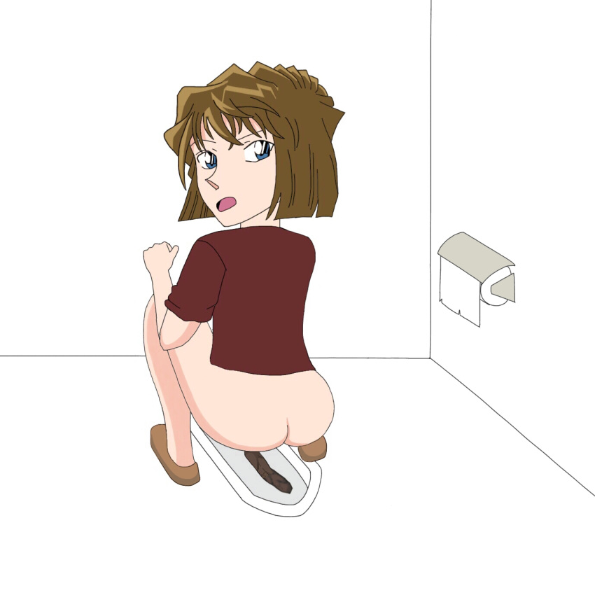 ass blue_eyes bottomless brown_hair female haibara_ai highres looking_back meitantei_conan scat self-upload shit shoes squat_toilet squatting toilet toilet_paper toilet_use