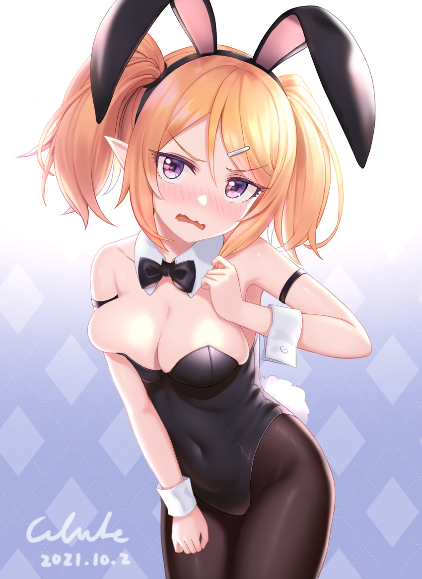 animal_ears armband black_bow black_bowtie black_leotard blonde_hair bow bowtie breasts cementite chloe_(princess_connect!) cleavage cowboy_shot dated detached_collar elf embarrassed fake_animal_ears female gradient_background grey_background highres large_breasts leaning_forward leotard long_hair looking_at_viewer open_mouth pantyhose playboy_bunny pointy_ears princess_connect! purple_eyes rabbit_ears rabbit_tail signature solo strapless strapless_leotard tail thighband_pantyhose twintails undersized_breast_cup white_background wrist_cuffs