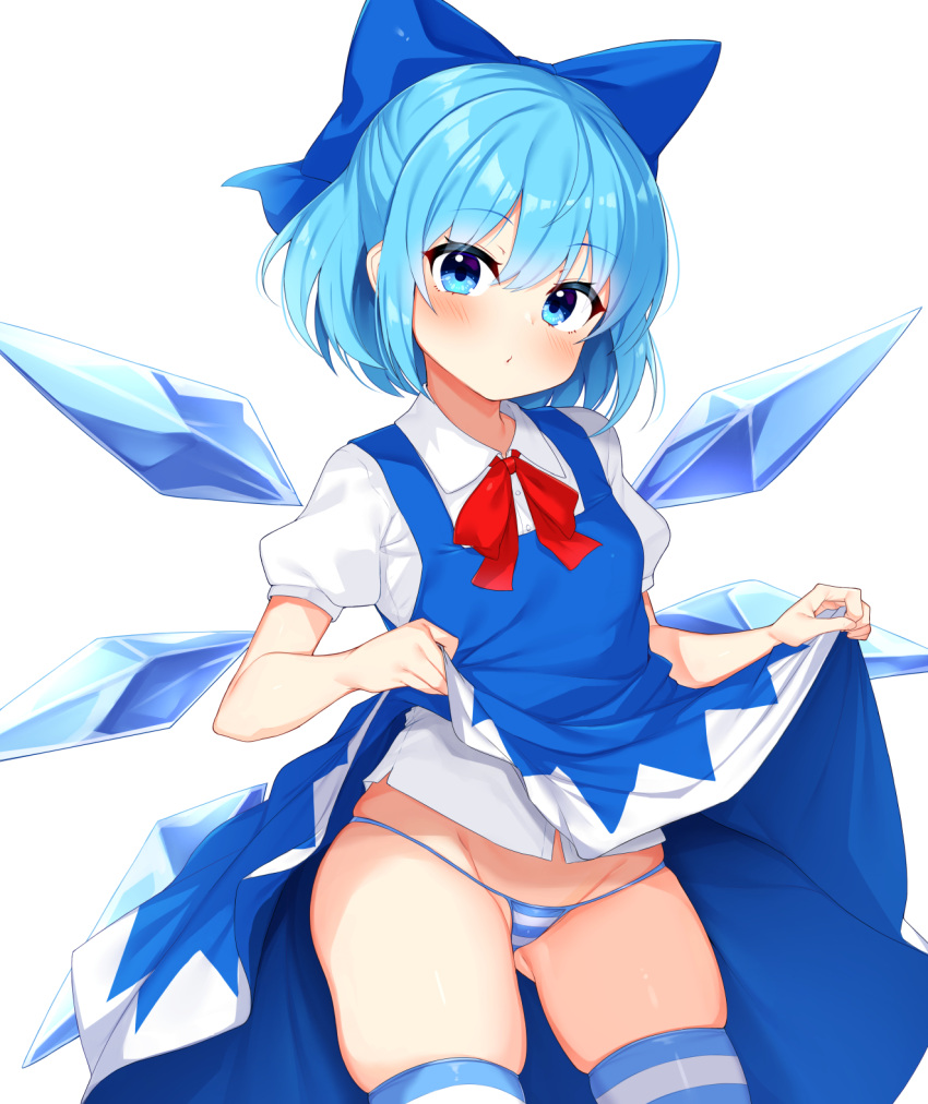 bikini blue_bow blue_dress blue_eyes blue_hair blue_panties blue_thighhighs blush bow cirno clothes_lift collared_shirt commentary cowboy_shot daichi_(tokoya) detached_wings dress dress_lift female hairbow highres ice ice_wings lifting_own_clothes looking_at_viewer micro_bikini panties shirt short_hair short_sleeves simple_background solo swimsuit thighhighs touhou underwear white_background white_panties white_shirt wings