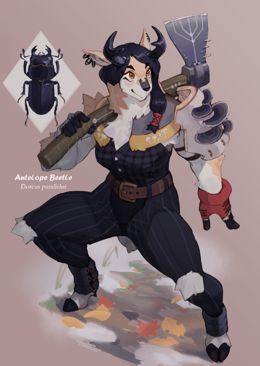 anthro arthropod axe beetle biped bottomwear clothed clothing deer ear_piercing ear_ring female hi_res hideki_kaneda holding_object hooves horn insects mammal pants piercing ring_piercing smile solo_focus