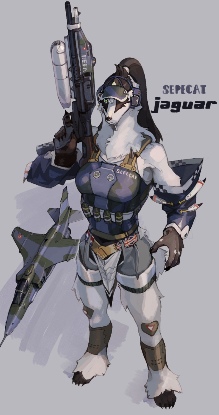 aircraft anthro badger biped breasts clothed clothing digital_media_(artwork) electronics female fluffy fur hair headphones hi_res hideki_kaneda holding_object holding_weapon looking_at_viewer mammal mustelid musteline ponytail ranged_weapon solo standing vehicle visor weapon